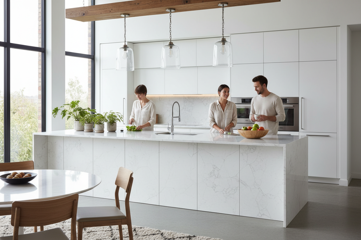 Kitchen Island with White Diamond Stone in Kitchen Setting