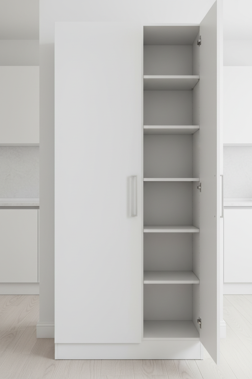 White tall pantry cabinet 2100mm with C-profile handles