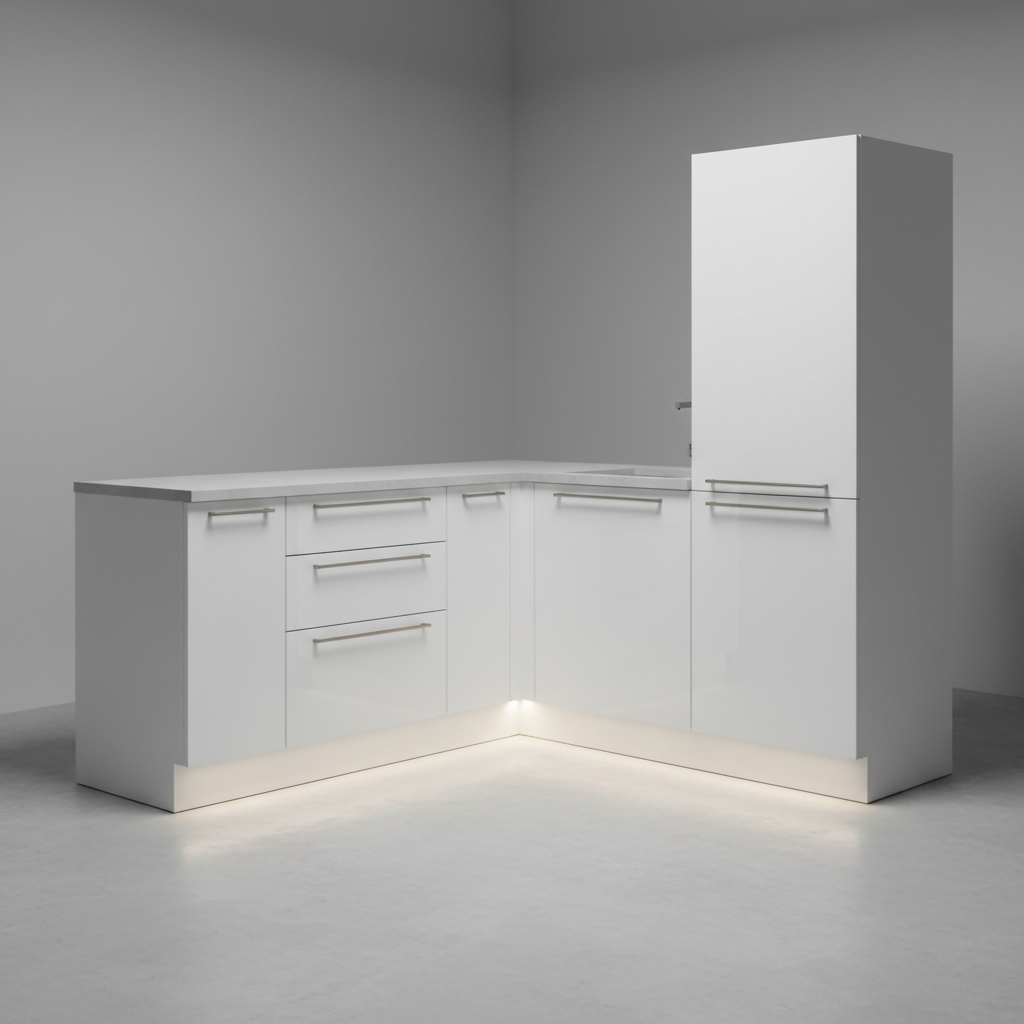 White corner base cabinet with C-profile handles